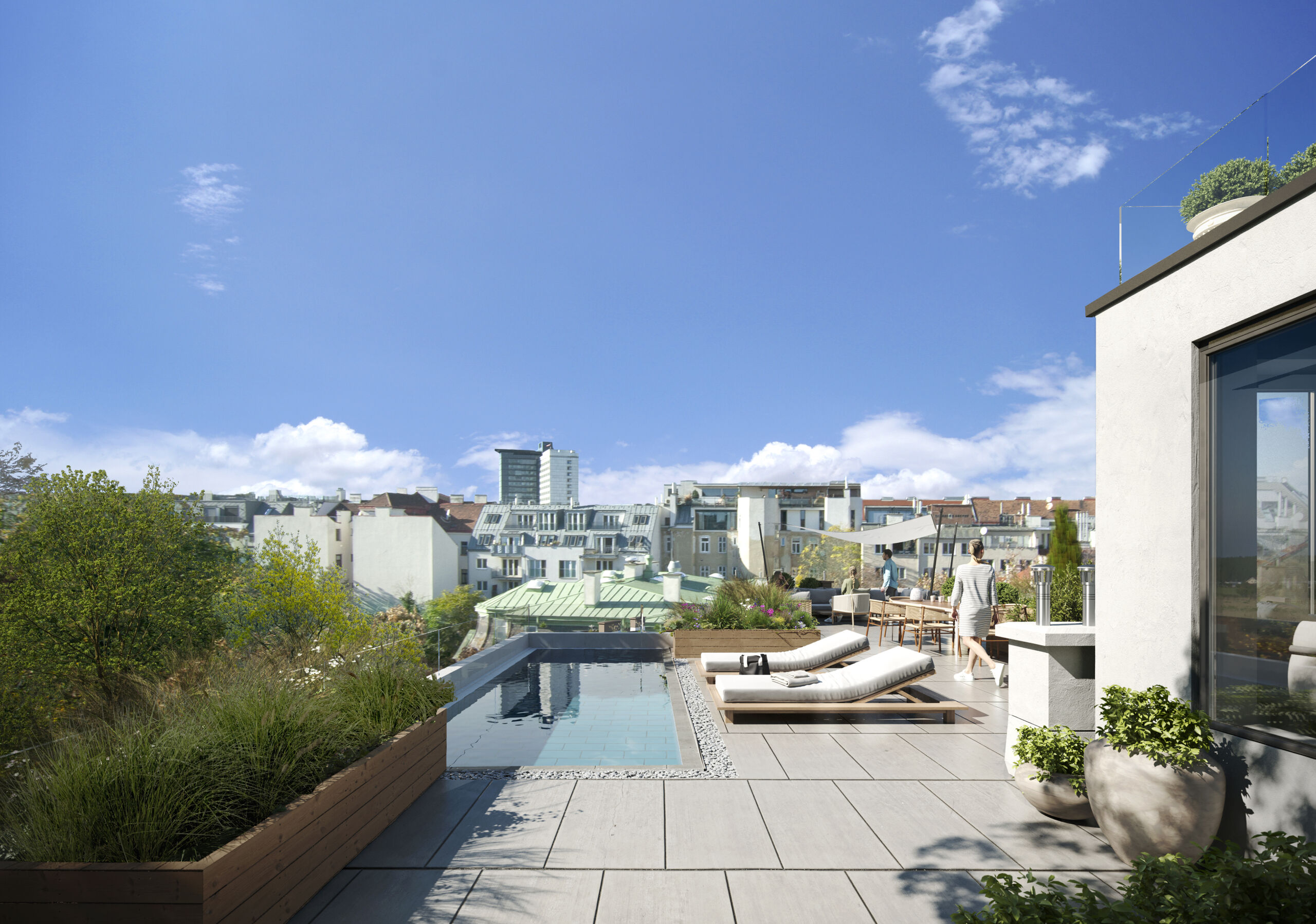 Absolutes Highlight des 3SI-Projekts in der Landstraßer Hauptstraße: Das weitläufige Penthouse mit großzügiger Dachterrasse, privatem Lift, Pool und Blick über die Stadt. 